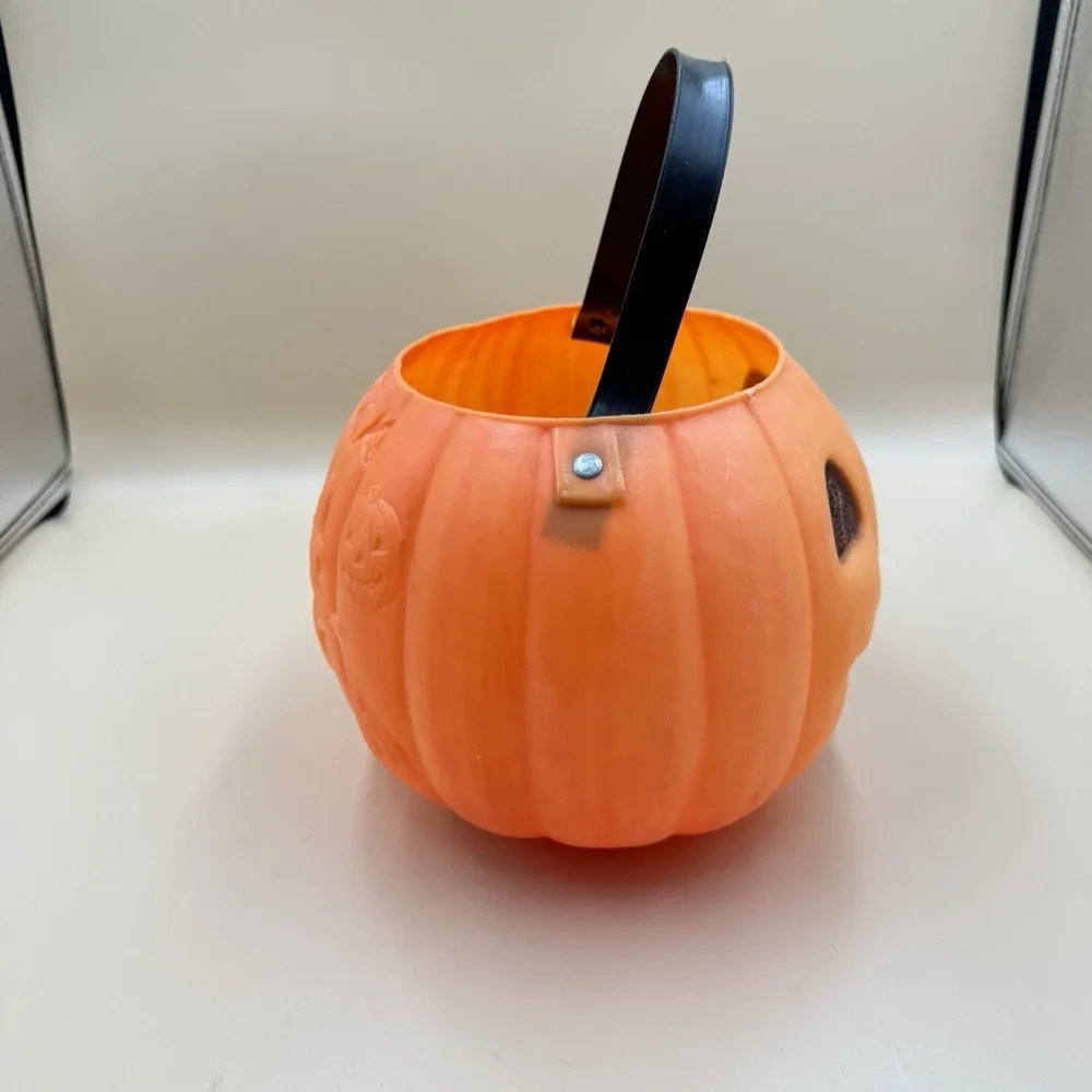 Vintage Renzi 2-Sided Halloween Blow Mold Pumpkin Witch Candy Pail Bucket Retro